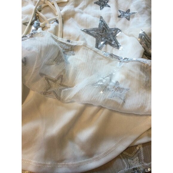 Show Me Your Mumu White Sheer Top Silver Star Sequins Lace Up Front - Picture 5 of 7